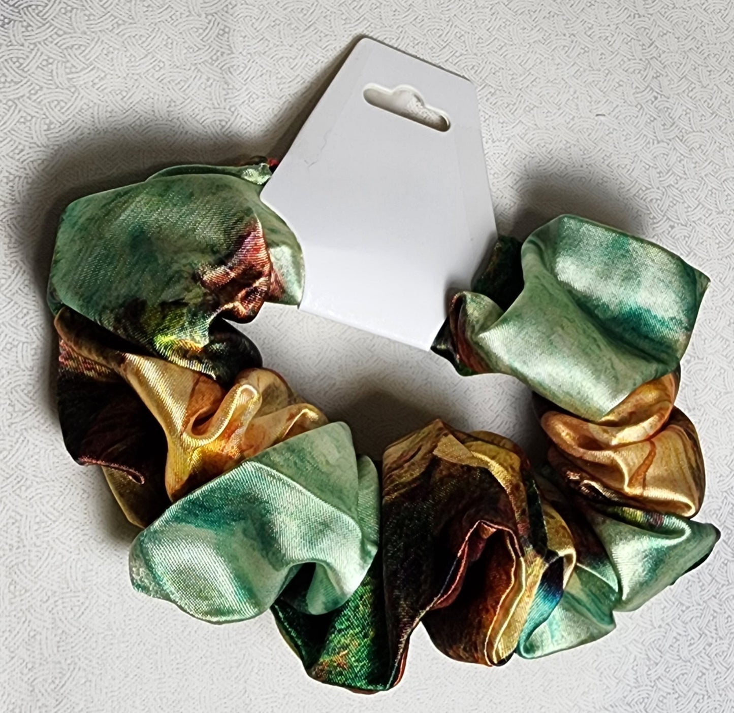 Scrunchies': hand-crafted: multi-colored earth-tones: silky ponytail holder for medium-thick hair
