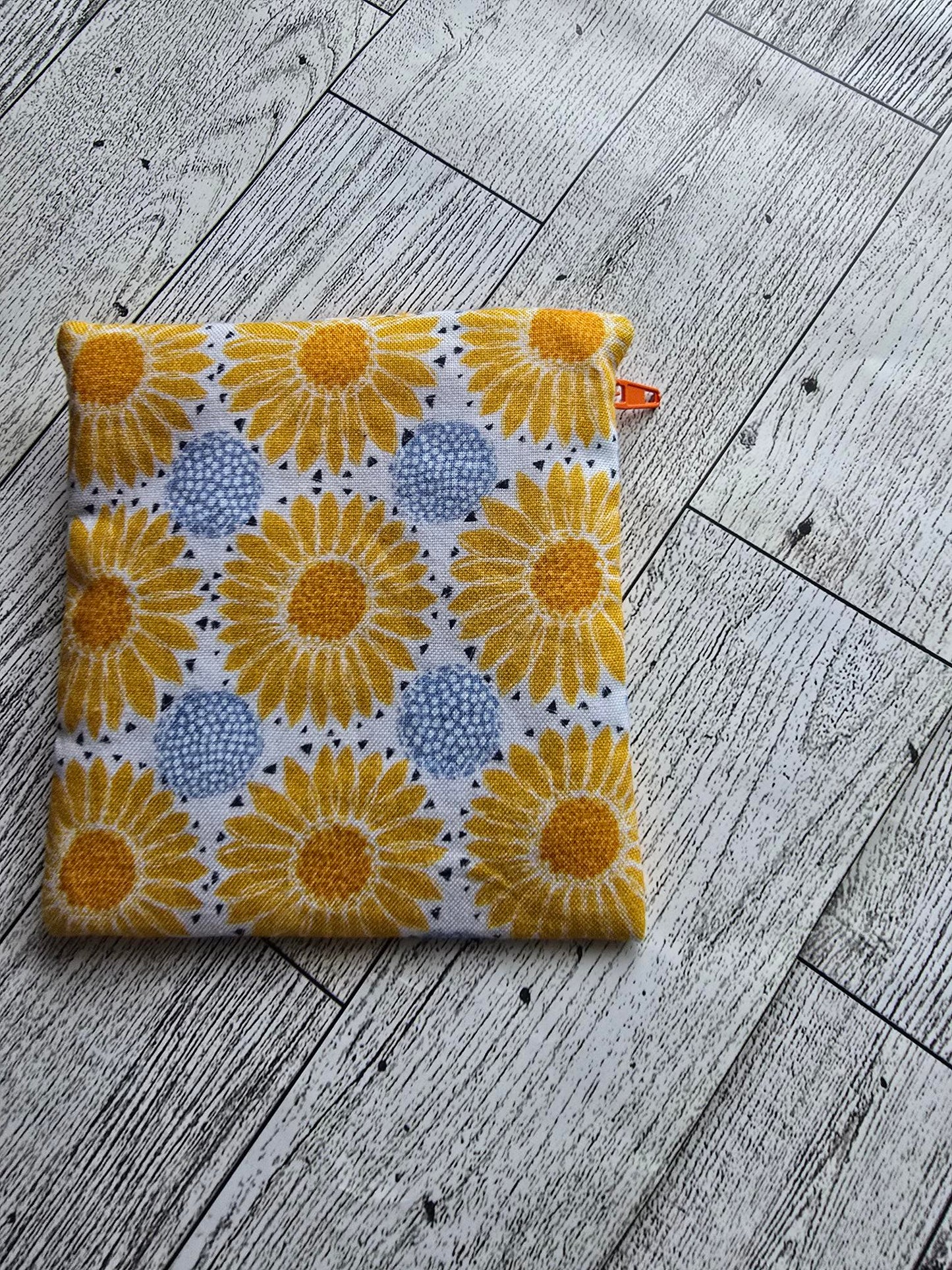 Small Coin Purse Ear Pod Case: yellow-orange and blue flowers orange front zip: great for credit cards, keys holder, ear buds, coins, folded money, lip balm and more- add a hook and with your keys.