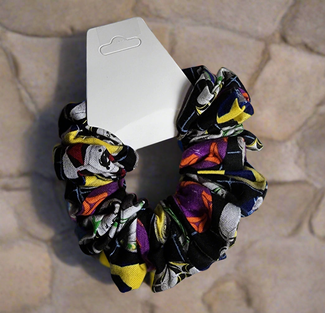 Soccer themed Scrunchie/Hair Tie- black background with fun multi-colored soccerballs