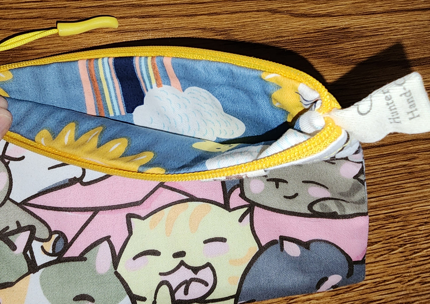 Yellow Top Zippered Cat Purse: make-up bag, pencils/pens/travel bag with cats allover it: several colors of cats: fun liner