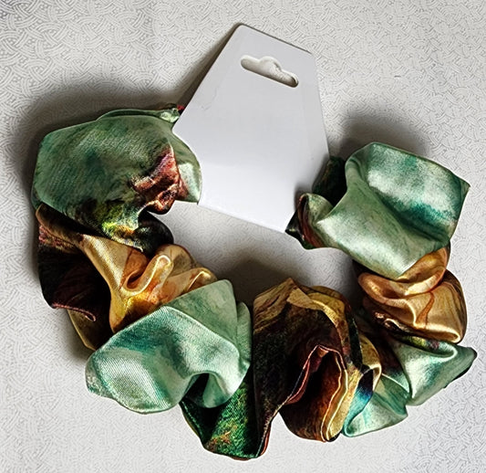 Scrunchies': hand-crafted: multi-colored earth-tones: silky ponytail holder for medium-thick hair