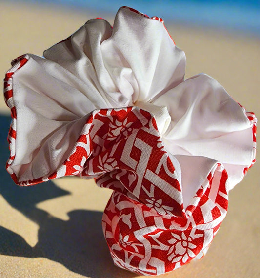 💫 Scrunchie Love – Handmade Hair Flair with Personality ; Front red and White- Backing is solid white