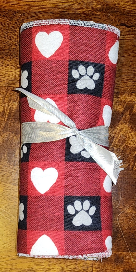 Un-Paper Towels: paw prints and hearts on red and black plaid with terry backing for extra mess spills