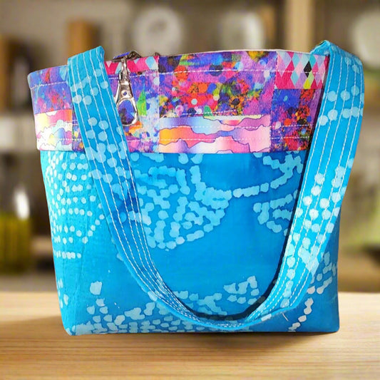 Tote/Bag/Purse: Handmade Patchwork Tote Bag – Batik Teal and Bright Quilted Colors | Sturdy, Functional, and Unique