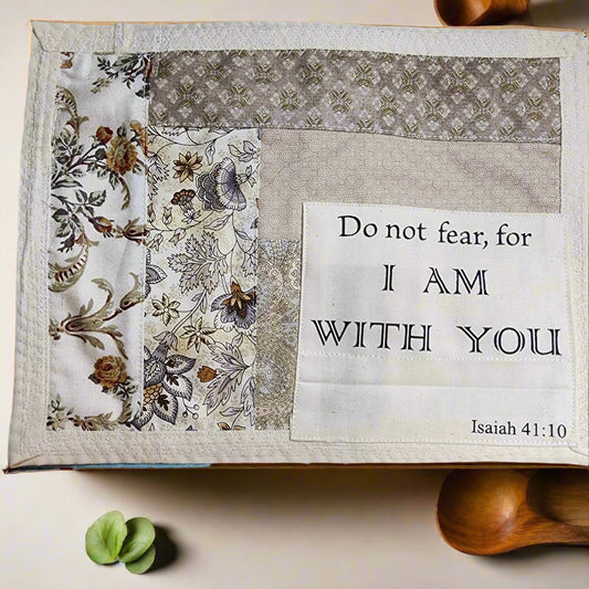 hand-crafted snack mat/ mug rug:  beige neutral tones - quilted mat with scripture: Isaiah 41:10 Do not fear, for I am with you.  great for everyday use or to hang on the wall 