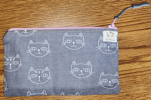 Medium Coin Purse Grey with White Cat: Pink Top Zipper and super fun liner
