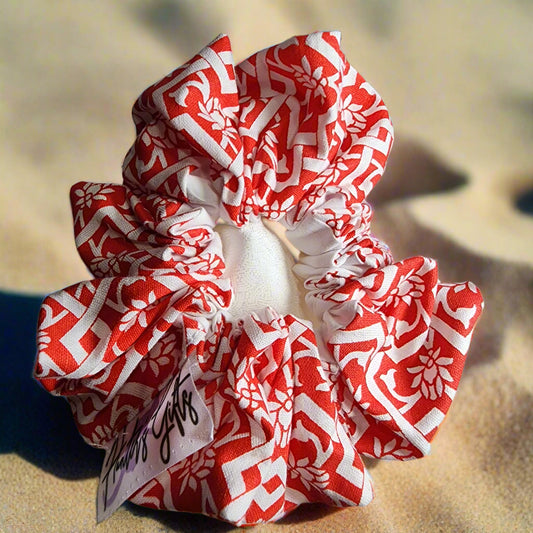 double sided red and white front design scrunchie, solid white back. great for medium to thick hair