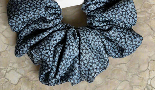Scrunchie: blue/ grey geometric pattern : Great for Medium to Thick hair or a cute wristlet 