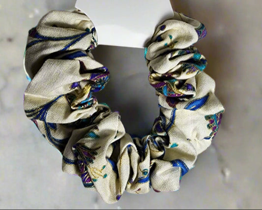 Scrunchie: white tones, purple, teal  oriental-ish flowers. Great for Medium to Thich hair.  or a cute wristlet