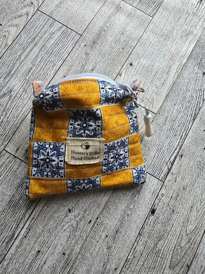 Small Coin Purse: Ear Bud Case: holds credit cards: lip balm and more: Blue and orange checkered with fun liner