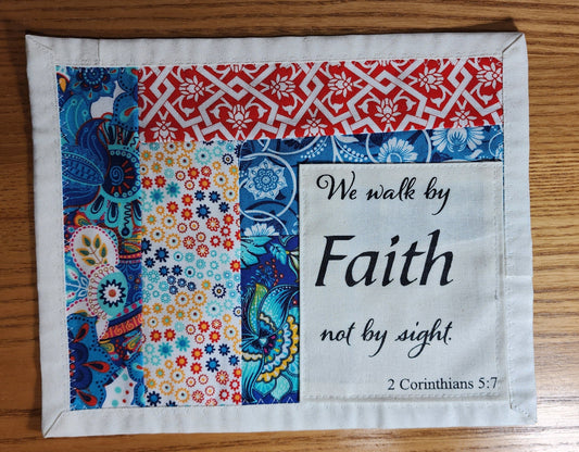 Indulge in the uniqueness of our hand-crafted Walk by Faith: Not by Sight 2 Corinthians 5:7 mats, perfect for everyday use. Share the love with your loved ones, colleagues, and church community, while also reducing waste in landfills. Available in beige tones or primary colors, these mats are a reminder of God's goodness.
