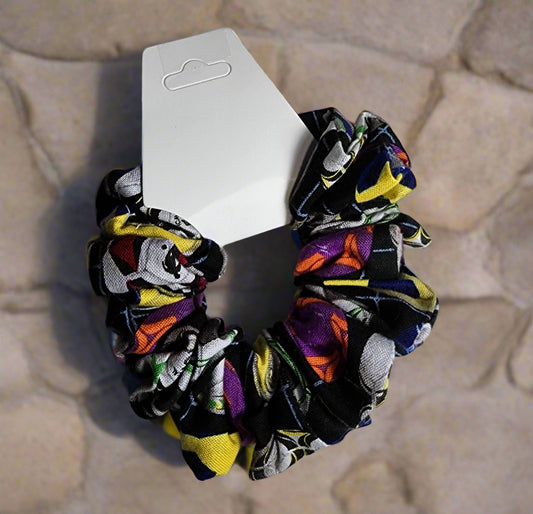 Soccer themed Scrunchie/Hair Tie- black background with fun multi-colored soccerballs