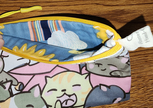 Yellow Top Zippered Cat Purse: make-up bag, pencils/pens/travel bag with cats allover it: several colors of cats: fun liner