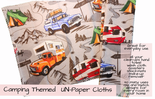camping themed single layered flannel UN-paper towel : great for everyday use, clean up spills, make-up remover cloth, snack mats, coaster, so many many uses. These cloths will last for years to come, saving paper product waste.