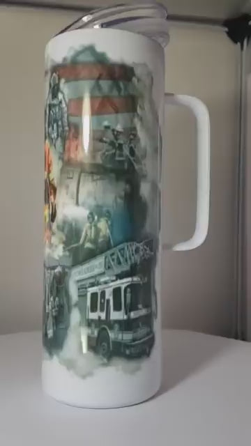 20 oz. Tumbler with handle: depicting a smokey scene of fire fighters putting out a building fire with an American flag in background.