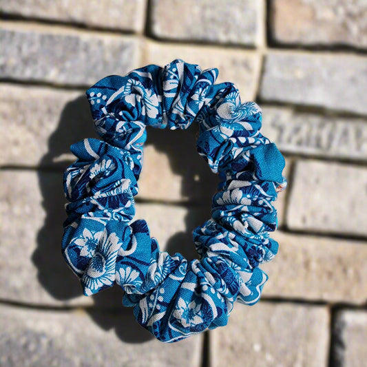 teal and white scrunchie, with floral design 